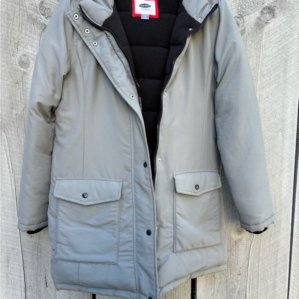 Old Navy Greenish Gray Puffer Coat with Faux Fur Trim Hood Size SP